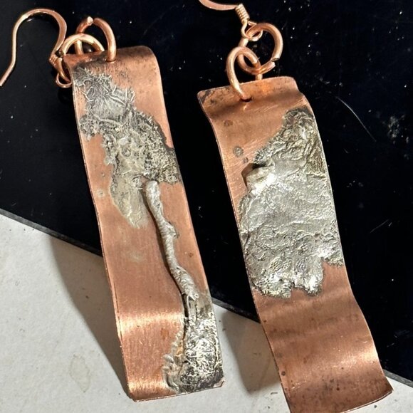 Sterling Silver 925 Reticulated Copper Earrings Rustic Gift Handmade Brutalist - Picture 1 of 8